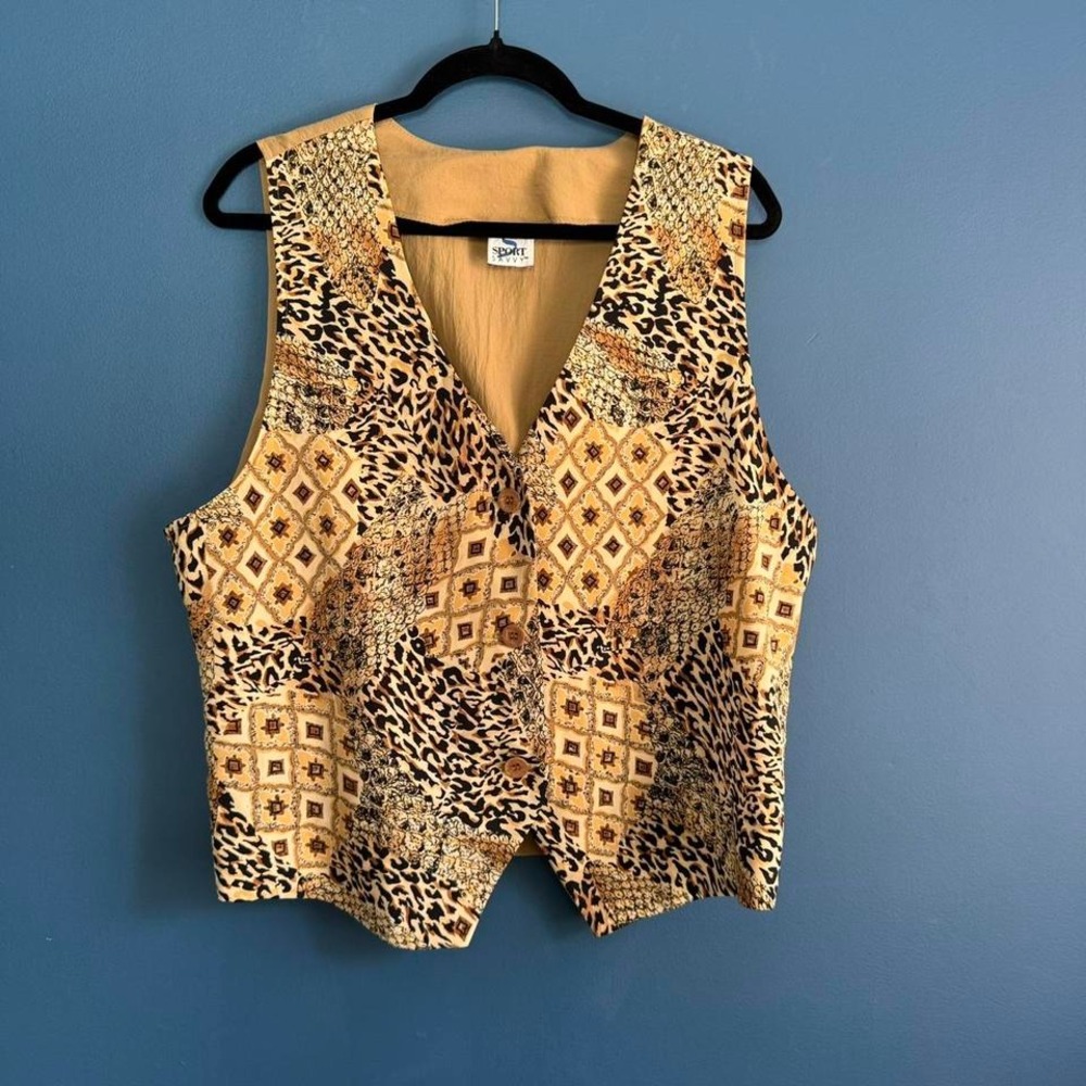 Vintage Vest Women's Size Large Animal Print Sport Savvy‎ Tan Brown Cheetah